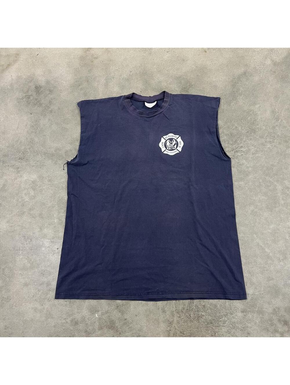 Y2K Navy Blue Fire Department Faded Tank Top with White Fire Department Emblem